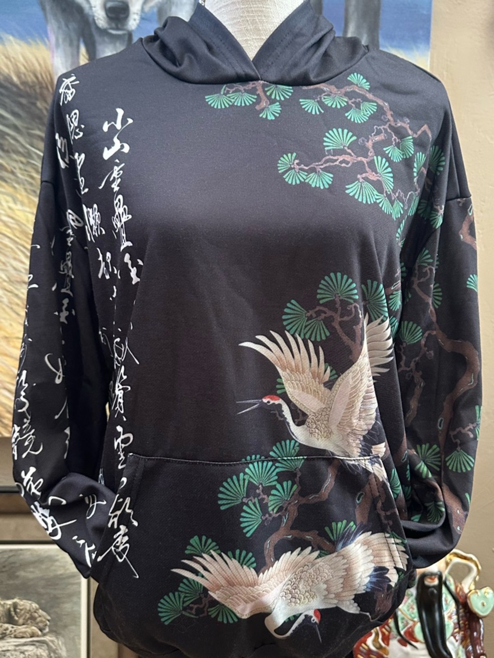 Romwe Sz SM hoodie sweatshirt front pouch cranes Japanese design NWT - Picture 4 of 9